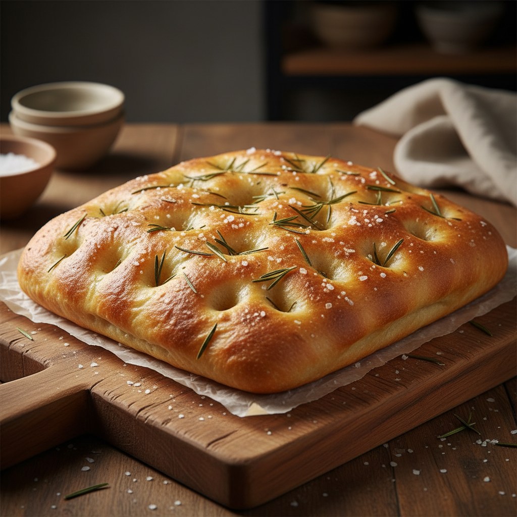 Sızma zeytinyağı ve iri taneli tuzla focaccia.