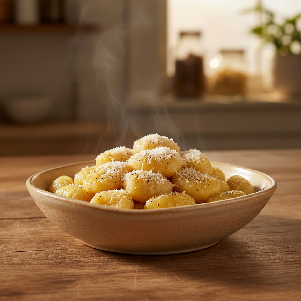 Patates gnocchi, üzerinde rendelenmiş Parmigiano.