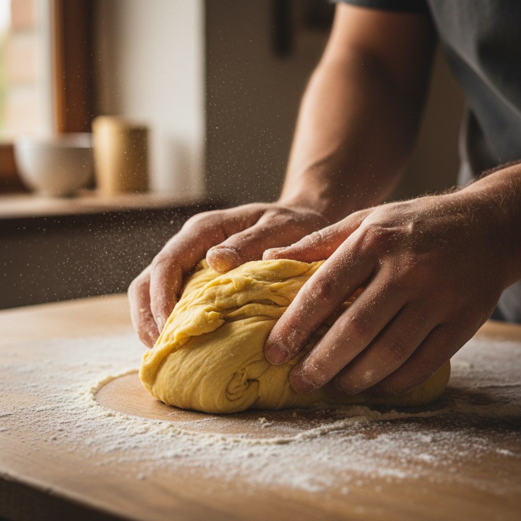 Yakın plan, parmaklarla yoğrulan sarı renkli yumurta hamuru.