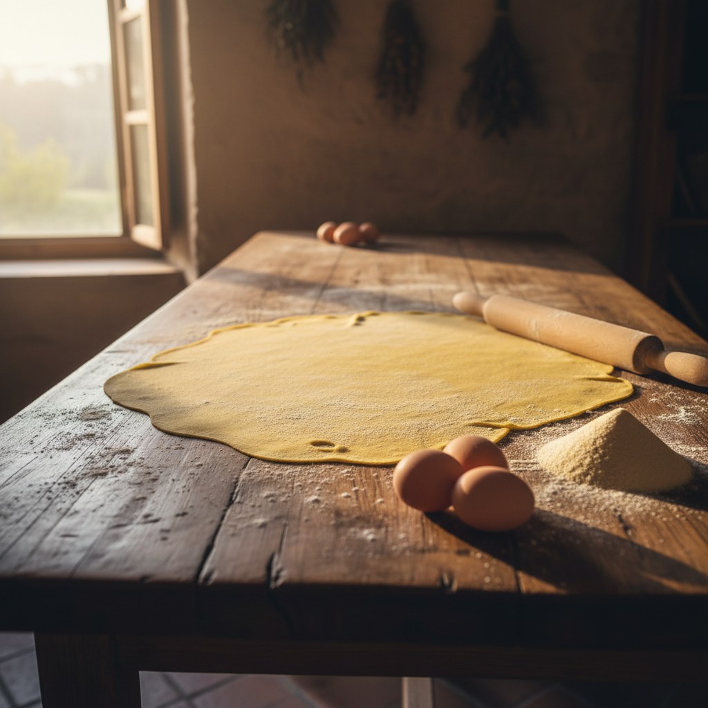Ahşap masada açılmış sfoglia hamuru ve un.