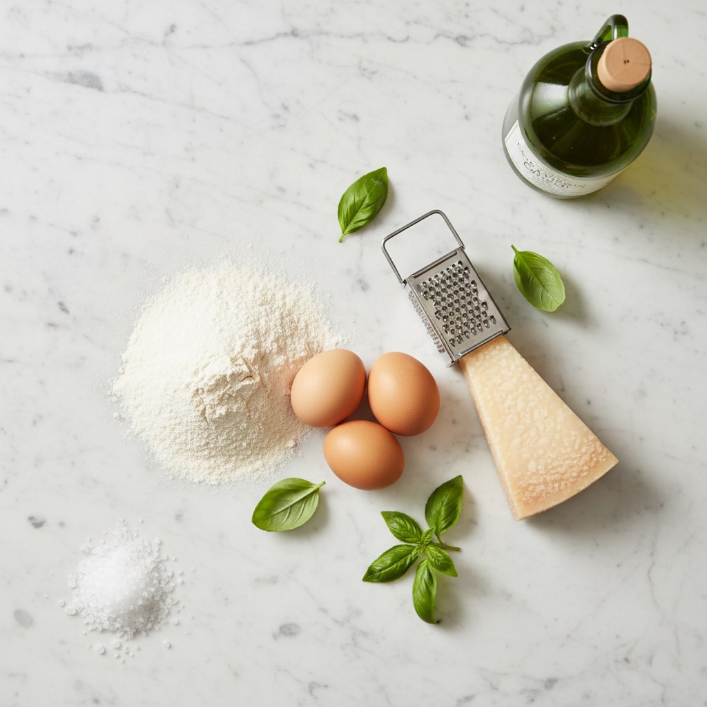 Mermer tezgahta dizilmiş un, yumurta, parmigiano ve fesleğen.