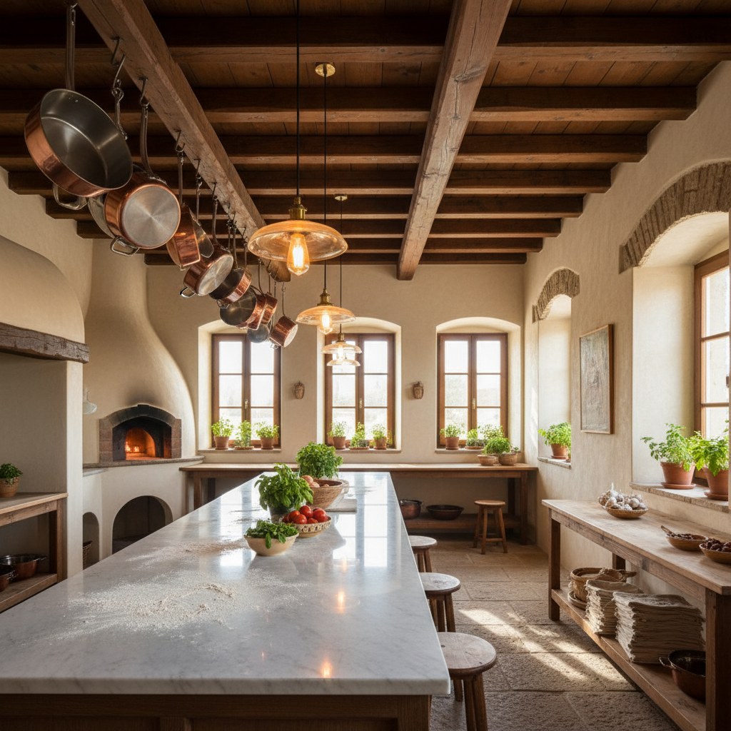 Geniş açıdan atölye mutfağı; mermer tezgah ve çelik tencereler.