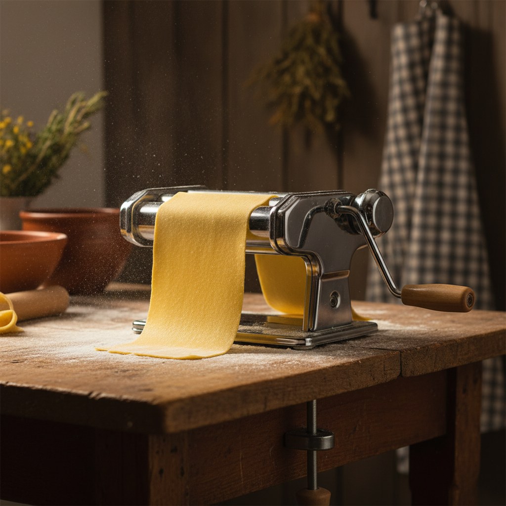 Krom kaplı manuel pasta makinesi, hamur şeritleri arasından geçiyor.