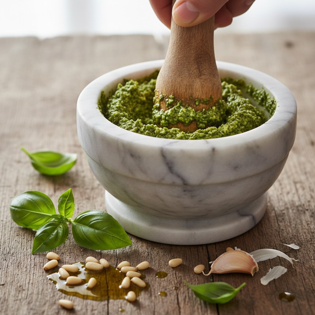 Havanda dövülmüş fesleğen pesto, mermer havan içinde.