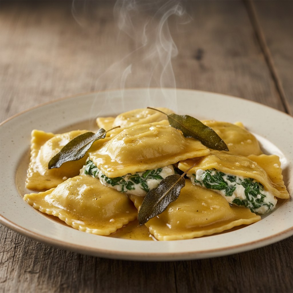 Ricotta ve ıspanak dolgulu ravioli, tereyağı-adaçayı sosuyla.