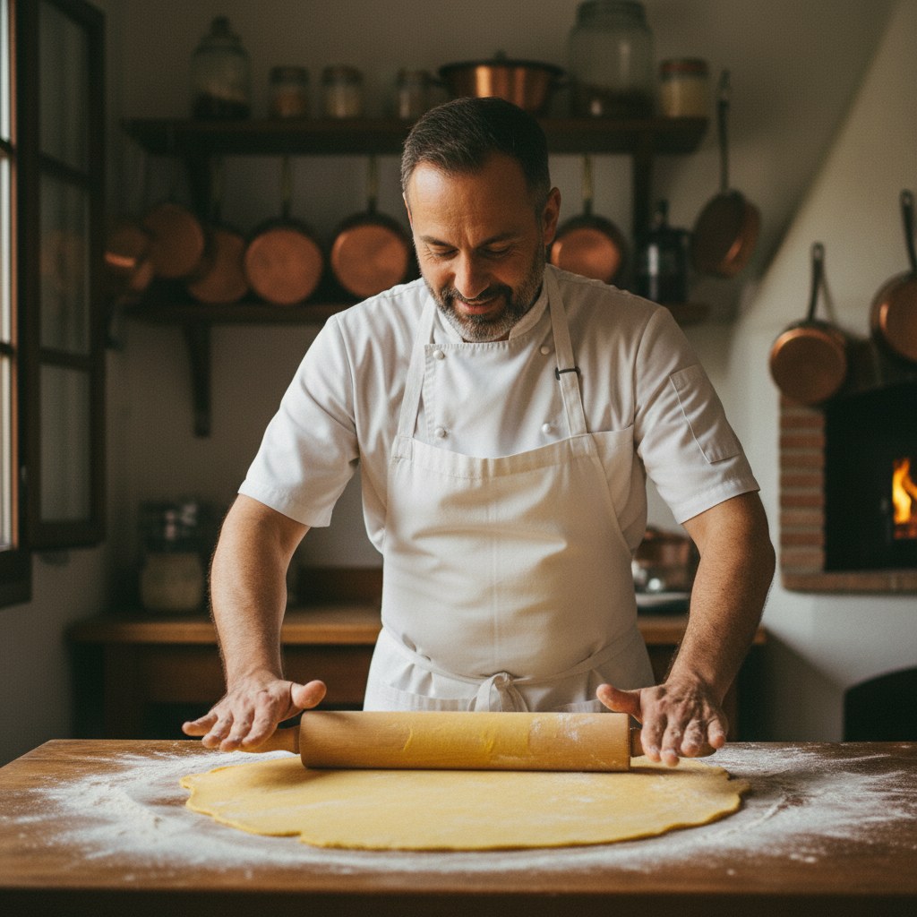 Mutfakta önlüğüyle hamuru açan şef portresi.