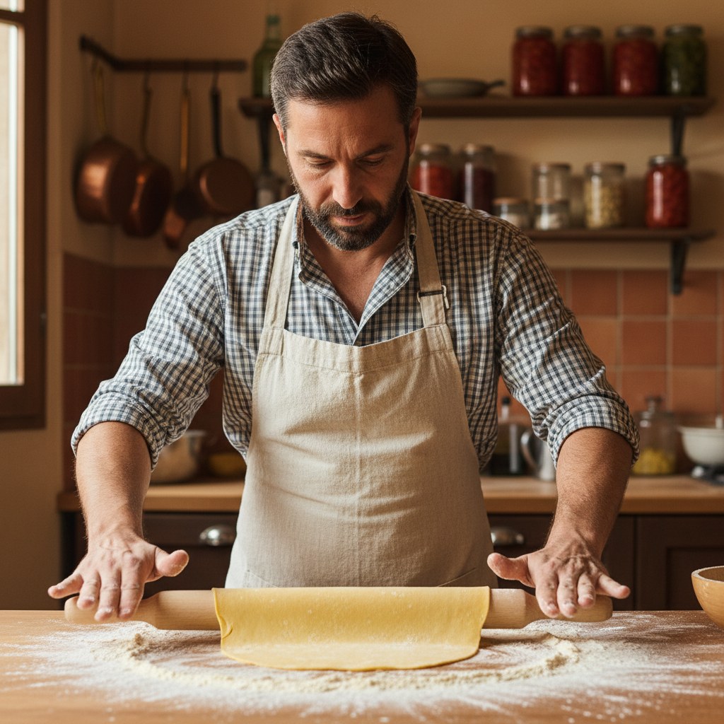 Şef-eğitmen önlüğüyle hamuru açarken portresi.
