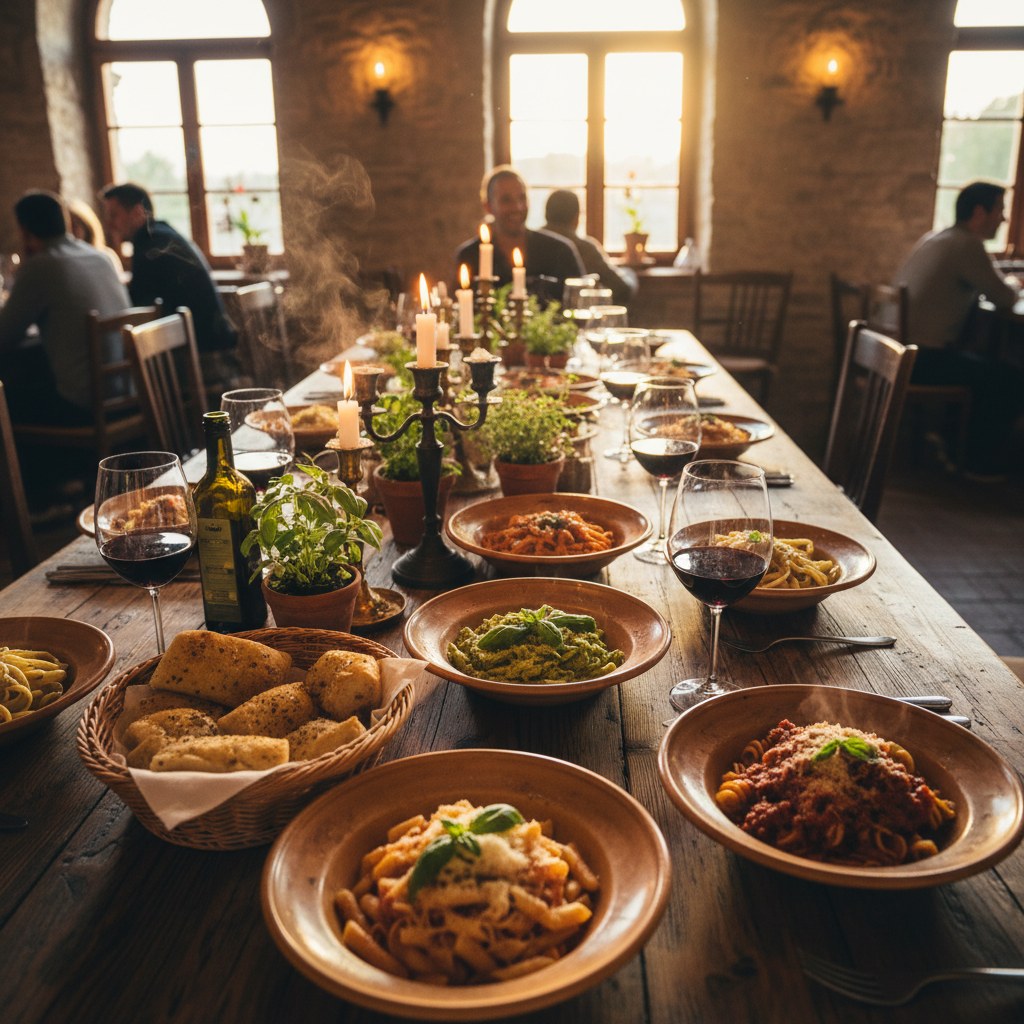 Hazırlanmış makarna tabaklarıyla kurulu uzun ahşap sofra.