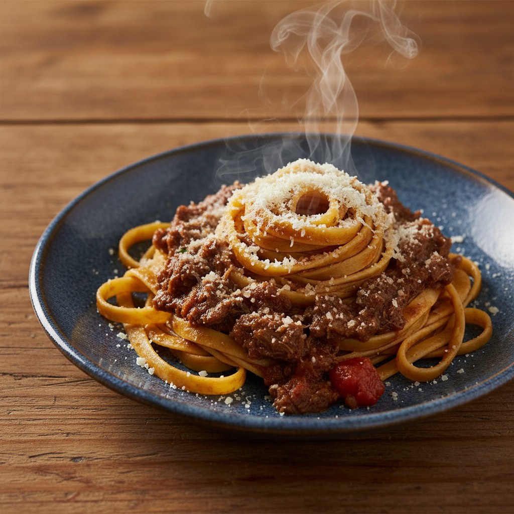 El açması tagliatelle, koyu ragù sosu üzerinde tabakta.