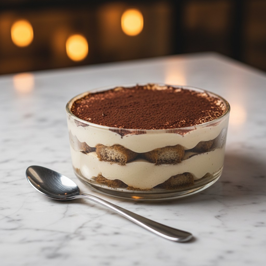 Mascarpone kremalı klasik tiramisu, kakao serpilmiş.